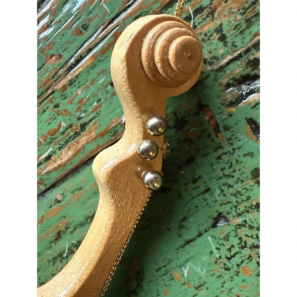 Vintage Violin Ornament Wood Leaf‎ Design Gold Tone Strings and Hanger Christmas